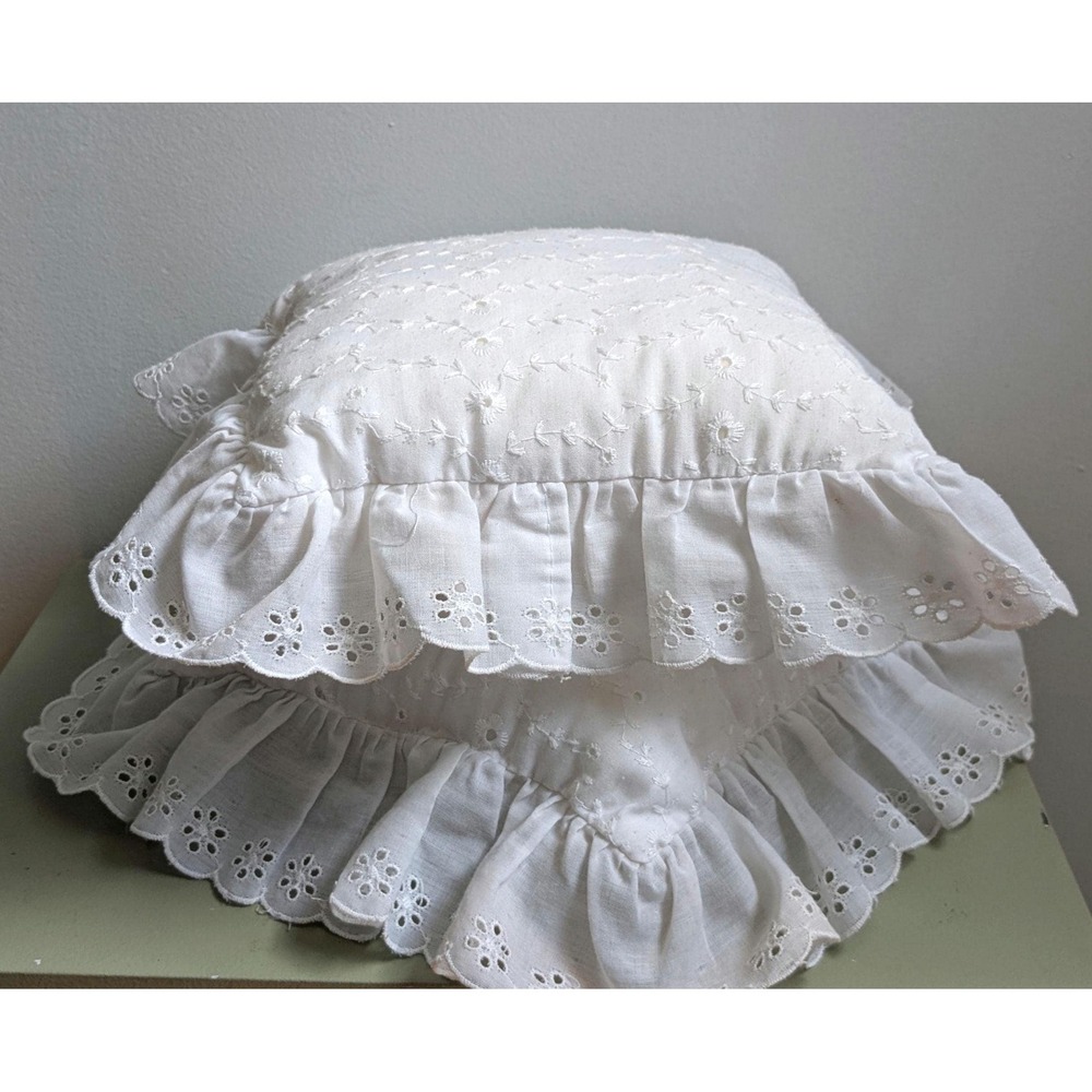 Pair of Vintage White Eyelet Lace Throw Pillows | Embroidered Ruffle Cushions